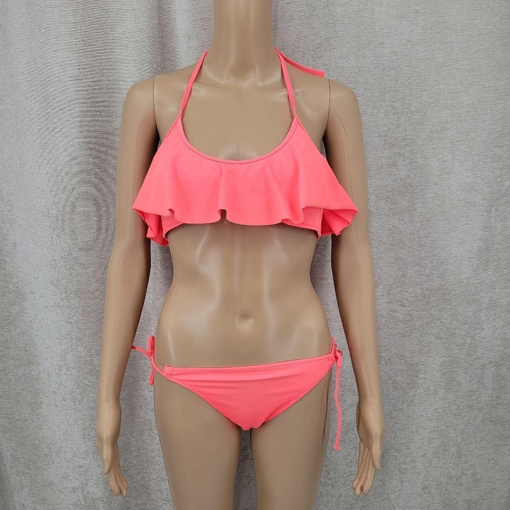 Victoria's Secret Coral Ruffled Flounce Bikini Tie Side Matching Set Ruffle